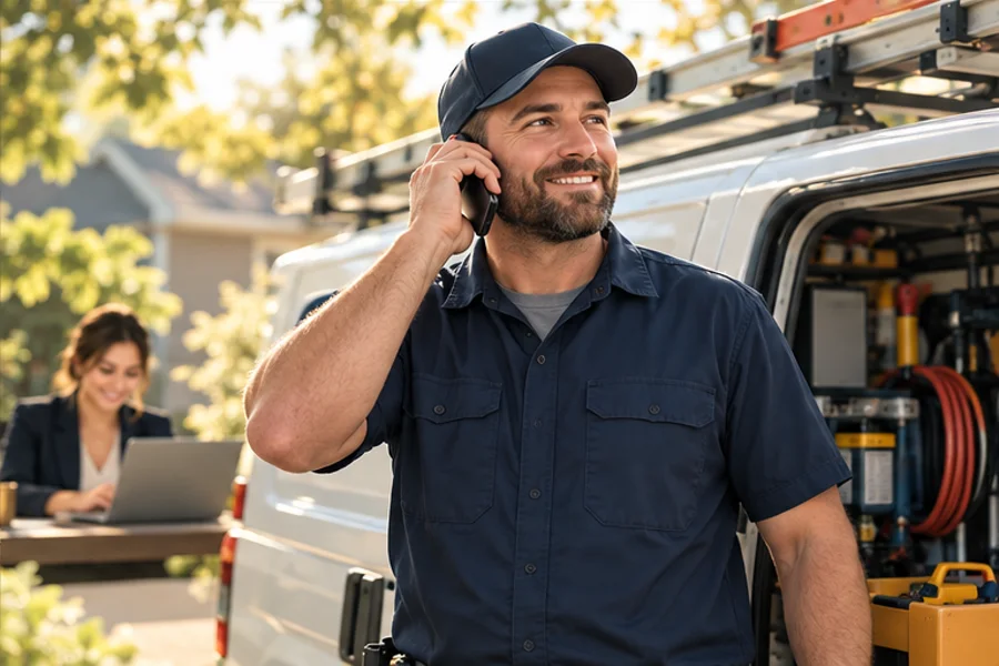 A service-business owner directing Joanna from his truck