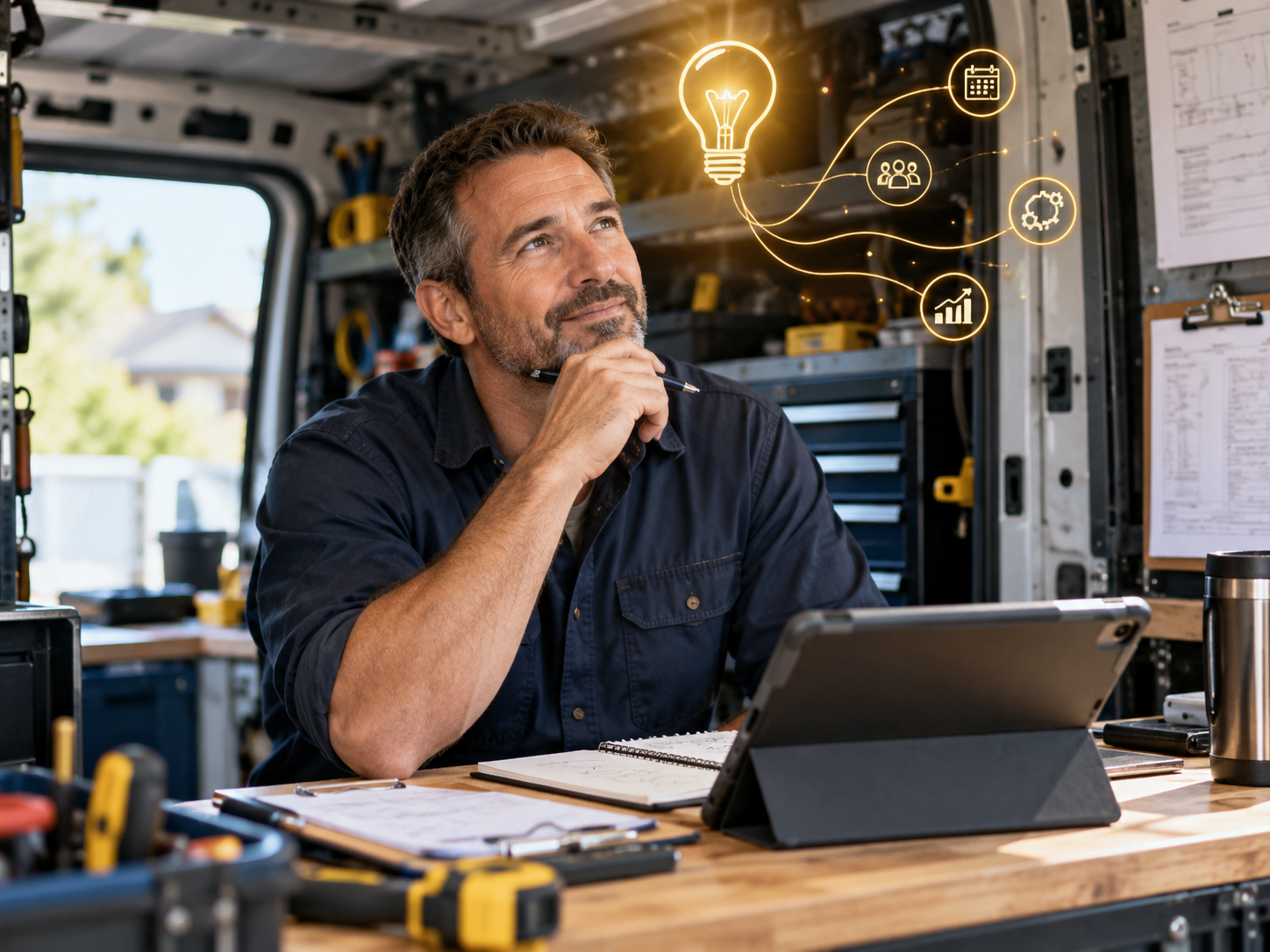 A service-business owner developing an idea for improving his company