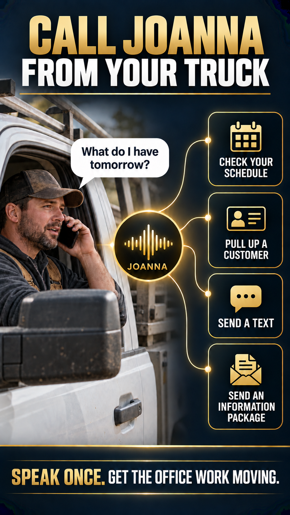 A service-business owner calling Joanna from his work truck